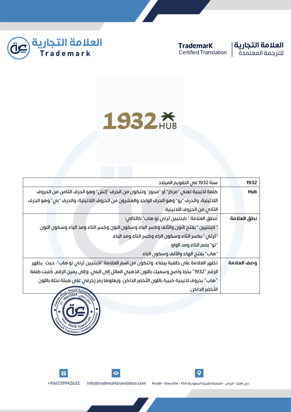ترجمة ووصف علامة تجارية 1932 HUB - AR